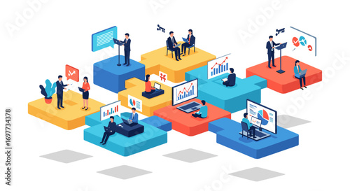 Diverse professionals collaborating on digital analytics and business strategy presentations in a modern isometric workspace environment
