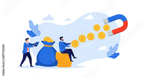 Illustrating financial growth attraction through magnetism and resourceful individuals achieving wealth accumulation