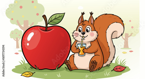 An adorable cartoon squirrel sits on autumn grass, happily sipping juice through a straw, next to a large red apple. Lush trees and falling leaves complete this charming outdoor scene.