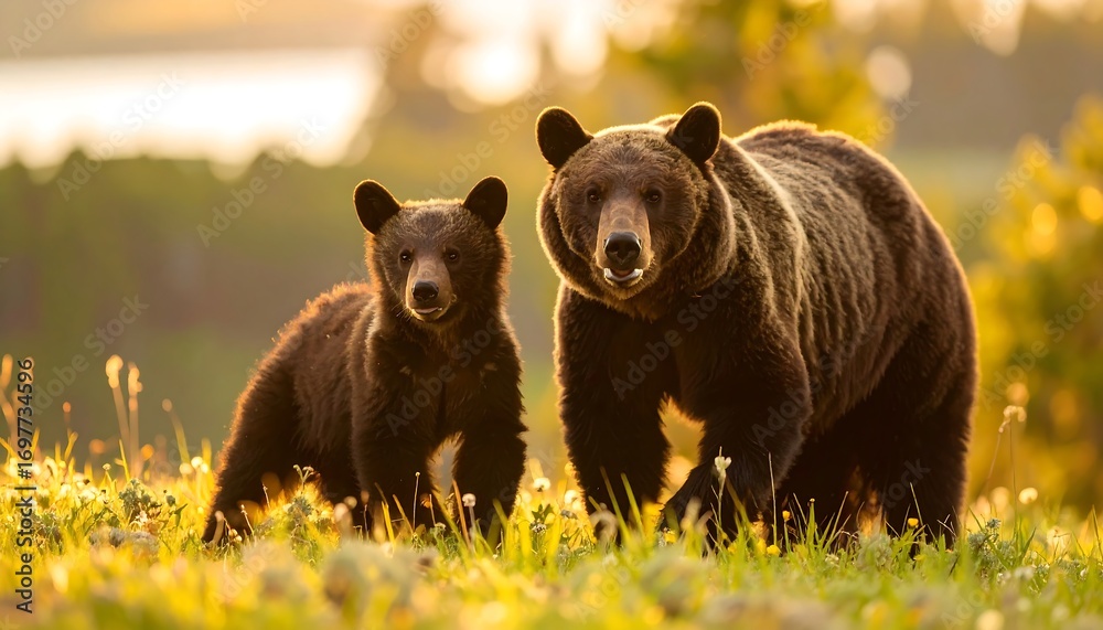 Fototapeta premium Two bears in a meadow at sunrise