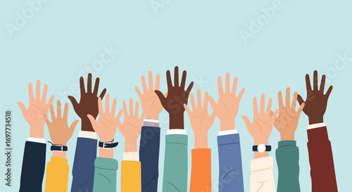 Diversity and inclusion concept many different people hands raised up in agreement and support