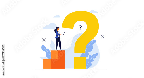 A person standing on steps holding a laptop near a giant question mark illustrating a complex problem or dilemma