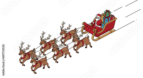 Santa claus riding his sleigh pulled by reindeer delivering gifts during christmas season