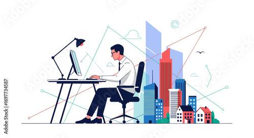 Business professional working on a computer in an office with a cityscape and data visualization background