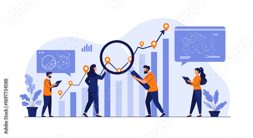 Business analytics team collaborating on data trends with magnifying glass and charts to understand financial growth and performance metrics