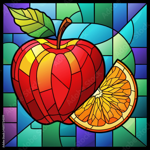 A richly colored stained glass vector illustration of a red apple with yellow highlights and a bright orange segment. The background features various shades of blue and purple geometric panels, creati