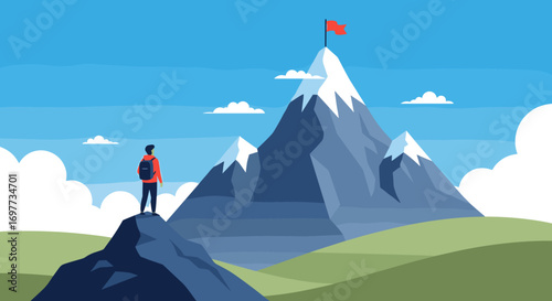 A lone adventurer gazes upon a majestic mountain summit crowned with a victory flag symbolizing ultimate success achievements