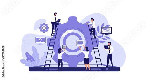 Agile team collaborating on software development project with gears and technology elements