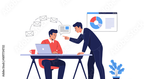 Business meeting with a manager pointing at screen explaining a project to a focused employee sitting at desk with laptop