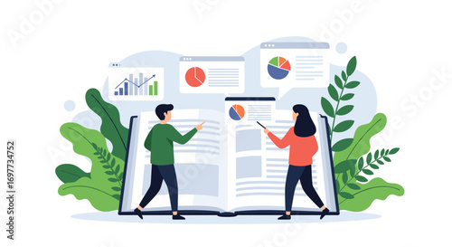 Visualizing and analyzing data through charts and graphs presented in an open book with two people pointing at them