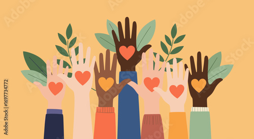 Diverse hands reaching upward showcasing love hope and unity through shared humanity and growth