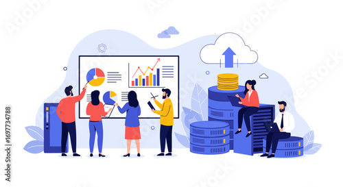 Business team analyzing financial data on a large monitor and uploading information to the cloud storage servers