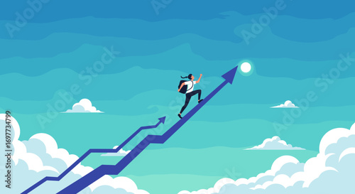 A person climbing an arrow shaped graph representing growth success and achievement towards a shining goal in the sky above the clouds