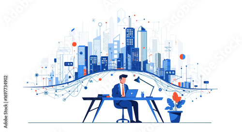 Digital cityscape connects business professional working at a desk with a laptop
