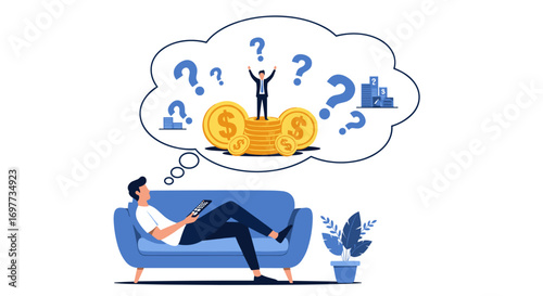 Man on couch dreams of financial success while holding phone with question marks around money
