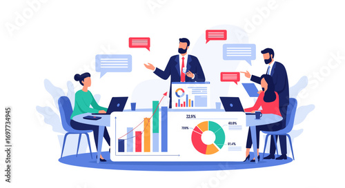 Business team collaborating effectively around a table with data visualizations and charts showing growth and analysis