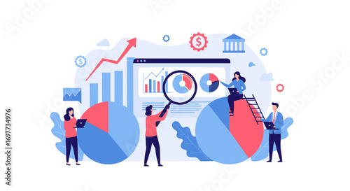 Analyzing financial data visualizations with a magnifying glass and charts for business insights and strategic planning
