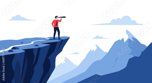 Visionary businessman standing on mountain edge with telescope looking towards the future landscape
