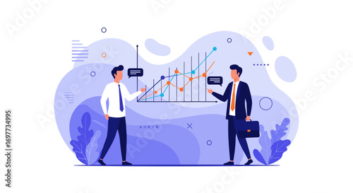 Two business professionals discussing financial growth charts and data analysis strategies together