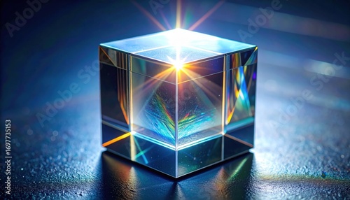Macro detail of optical beam splitter cube edges and internal reflection controlled flare representing photonics component suitable for clean scientific product design