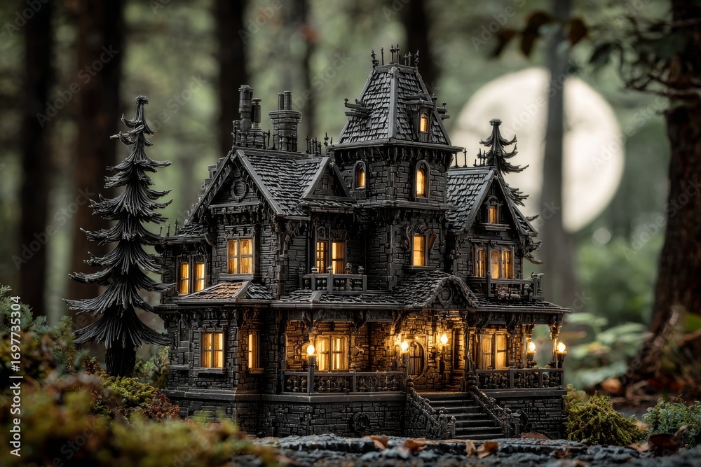Obraz premium A meticulously crafted, dark gothic mansion model, illuminated by warm lights, stands amidst a misty forest backdrop under a full moon.