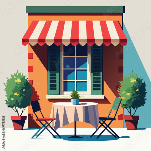 Charming outdoor cafe seating with striped awning and potted plants on a sunny day