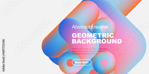 Abstract geometric background features vibrant orange, blue hues. Text overlay includes sample text, call to action button. Modern design.