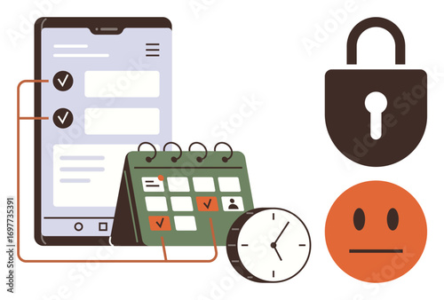 Smartphone checklist, calendar with marked dates, clock, lock, and neutral face. Ideal for time management, security, scheduling productivity planning app usage task prioritization. Simple flat