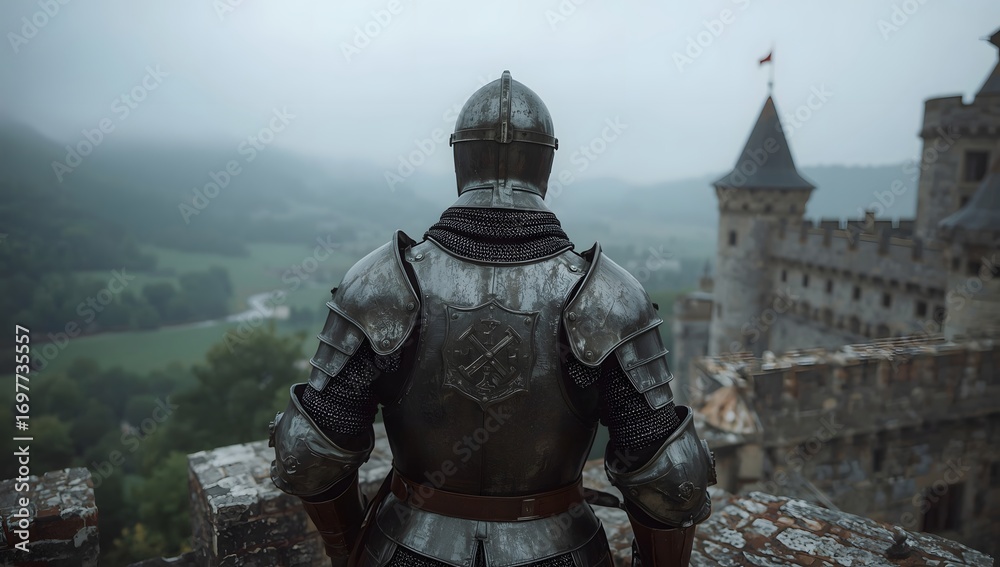 Fototapeta premium Knight in armor overlooking a misty castle and valley