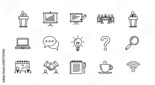 Collection of business meeting and presentation icons in a sketchy silhouette style