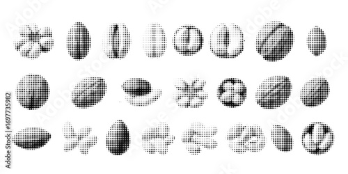 Various nuts in halftone style, walnut, hazelnut, almond, pistachio, cashew, peanut, brazil nut, pecan, macadamia, pine nut, retro pop art, black and white dotted texture, isolated on white background