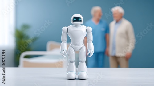 The trend of using robotic or AI technology to assist or take care of the elderly. A robot with a background of a patient or elderly person.