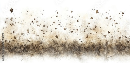 Brown dirt and debris erupting, dispersed on white background