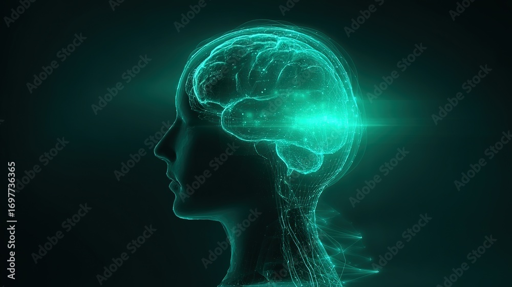 Obraz premium Human Brain with Glowing Neural Network in Side View, Digital Illustration for Neuroscience Education, Medical Research and Tech Concept, Abstract Cerebral Activity with Cyan Light Points