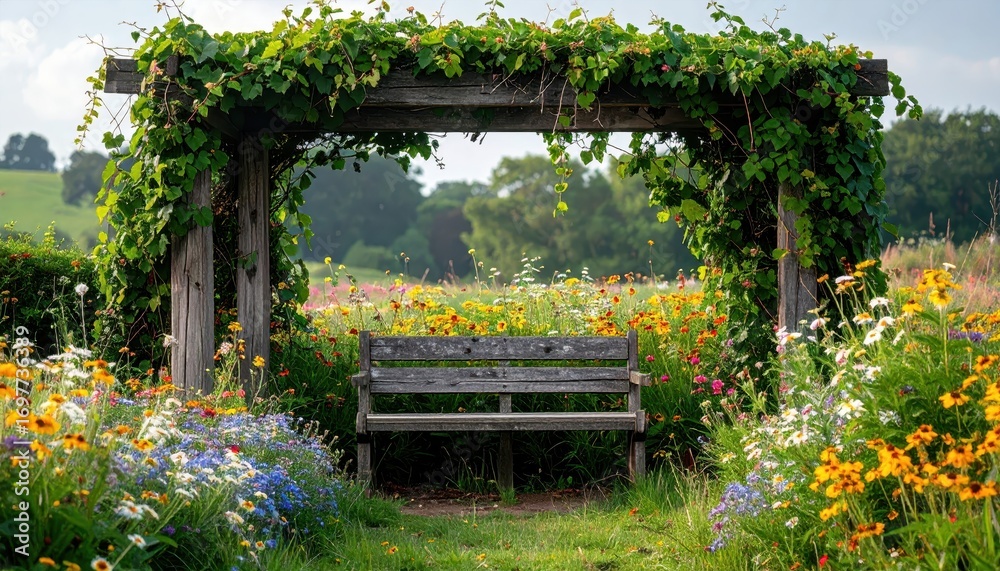 Obraz premium A rustic wooden bench beneath a leafy pergola, nestled within a vibrant flower field, evokes a serene and peaceful scene.