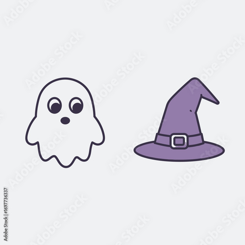 Cartoon Ghost and Purple Witch Hat with Buckle Halloween Illustration.