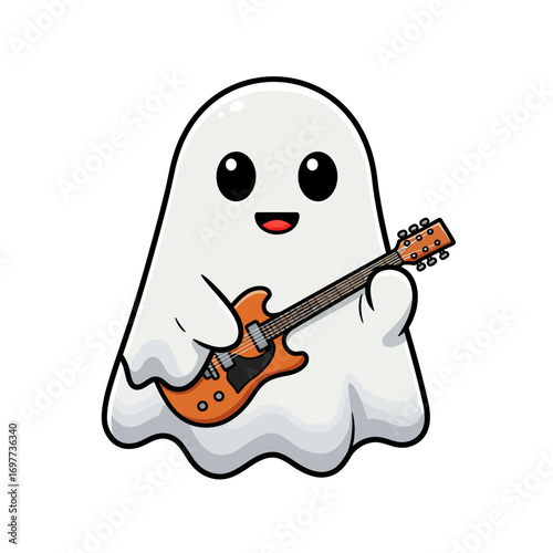 Cartoon Ghost Playing Electric Guitar with Happy Expression.