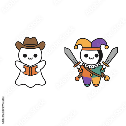 Cartoon ghost reading a book and cartoon jester holding swords.
