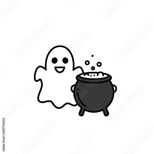 Cartoon Ghost with Cauldron Spooky Cute Halloween Illustration.