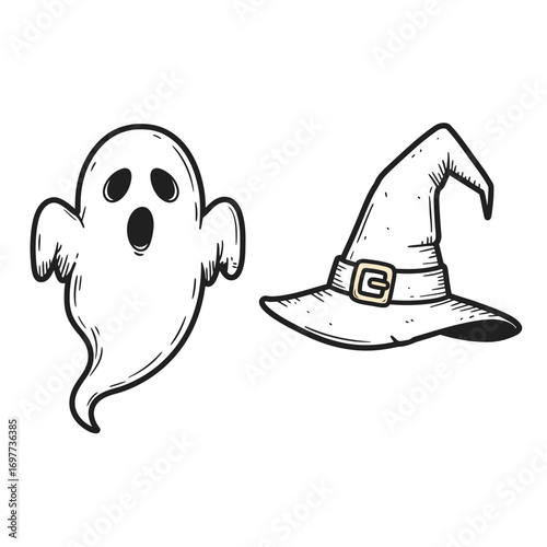 Cartoon Ghost with Open Mouth and Witch Hat with Buckle Halloween Illustration.