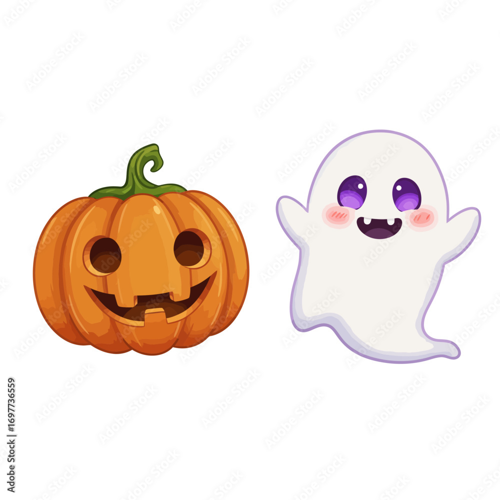 Fototapeta premium Cartoon Halloween Pumpkin with Carved Face and Cute Ghost with Purple Eyes.