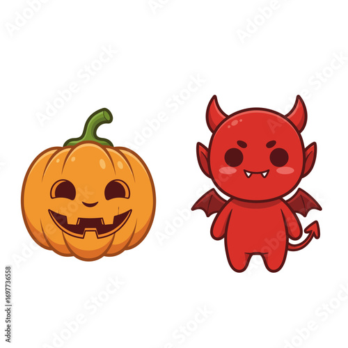 Cartoon Halloween Pumpkin with Smiling Face and Cute Red Devil with Wings and Tail.