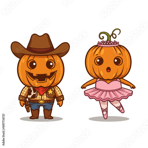 Cartoon Pumpkin Cowboy and Ballerina Halloween Duo with Cute Expressions.