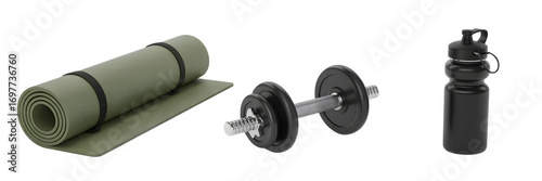 Fitness essentials featuring a rolled yoga mat dumbbell and water bottle against a for healthy lifestyle promotion