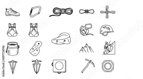 Collection of hand drawn climbing gear icons in silhouette style