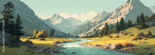 Serene Mountain Landscape with Flowing River and Snow-Capped Peaks, Panoramic Nature Background for Travel Blog, Environmental Campaign and Calming Visuals, Lush Greenery and Rocky Textures