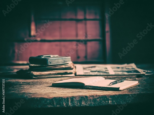 Vintage still life on a wooden table, with books, a camera, newspaper, and notepad