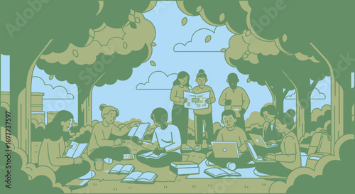 Diverse Group Studying and Working Together in Park Underneath Trees Artwork
