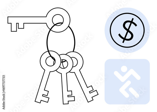 Set of keys hanging on a ring, accompanied by a dollar sign and an unlocking icon. Ideal for finance, security, access, solutions, trust, management personal growth. Simple flat metaphor