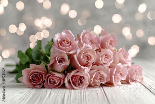 A lovely bouquet of delicate pink roses rests gently on a white wooden surface, bathed in soft, warm light.